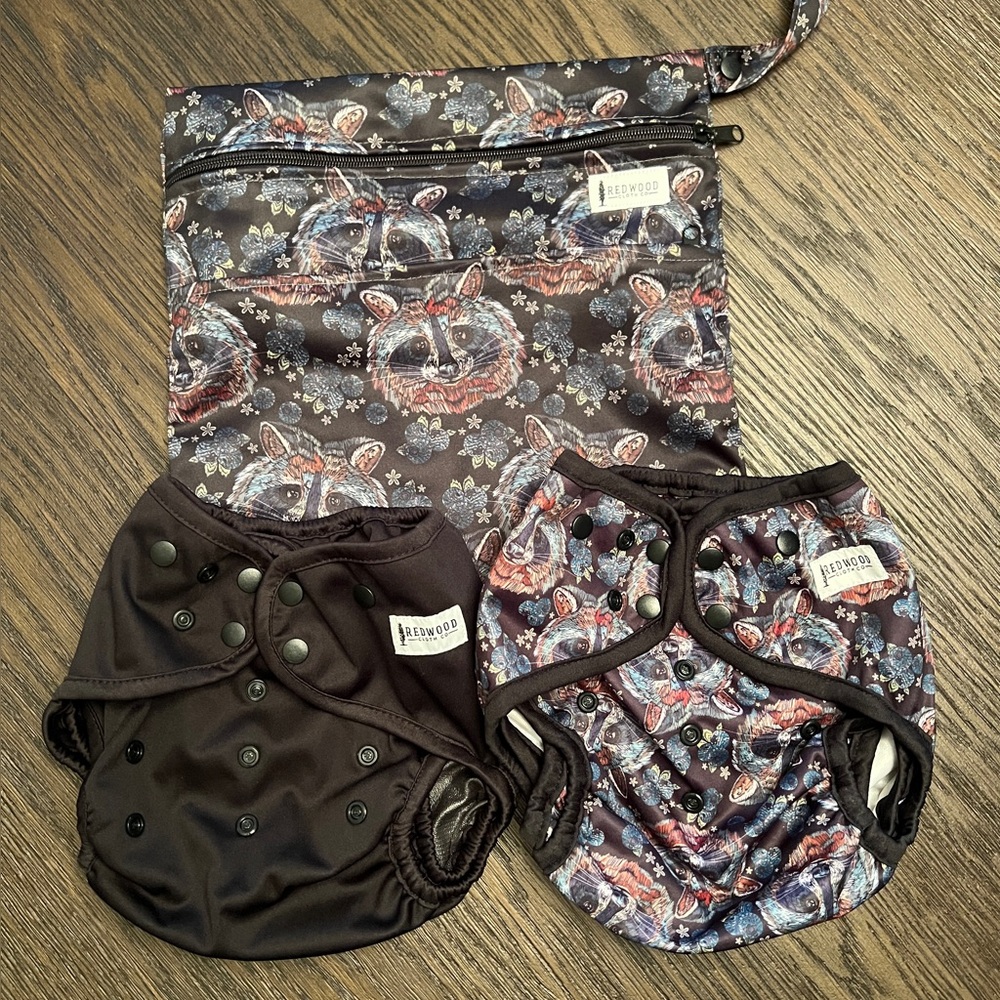 Redwood Berry Bandit, Black, and Galactic Space 3 Cloth Diaper Covers +1 Wet Bag
